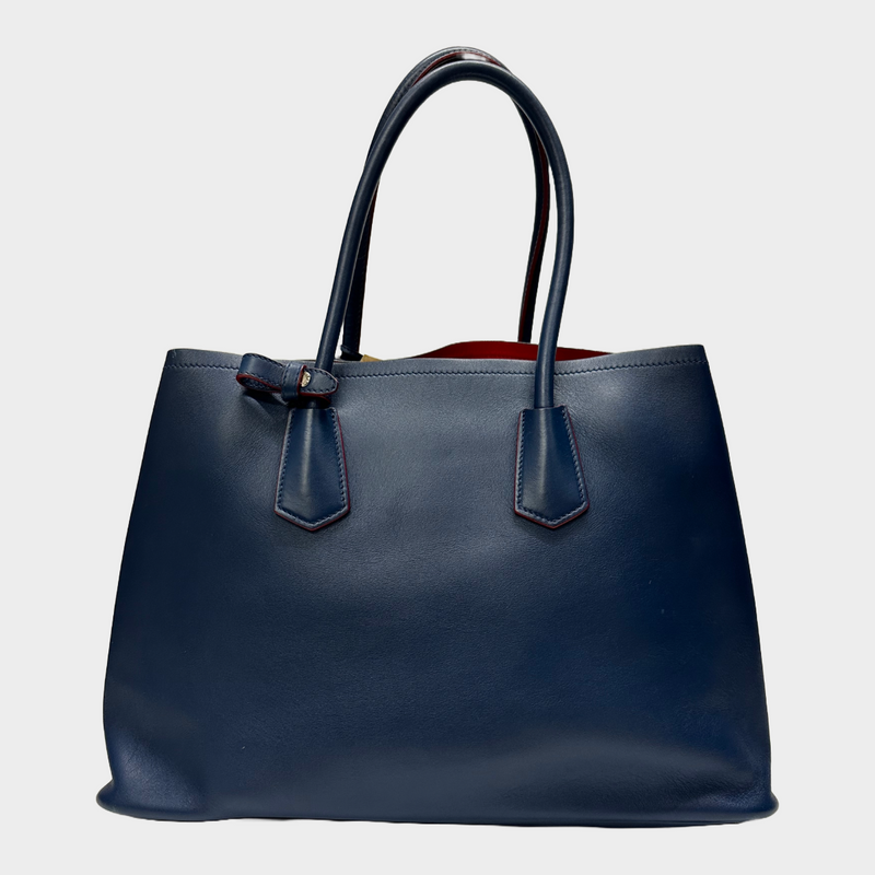 Prada blue and red leather saffiano cuir lined leather tote bag