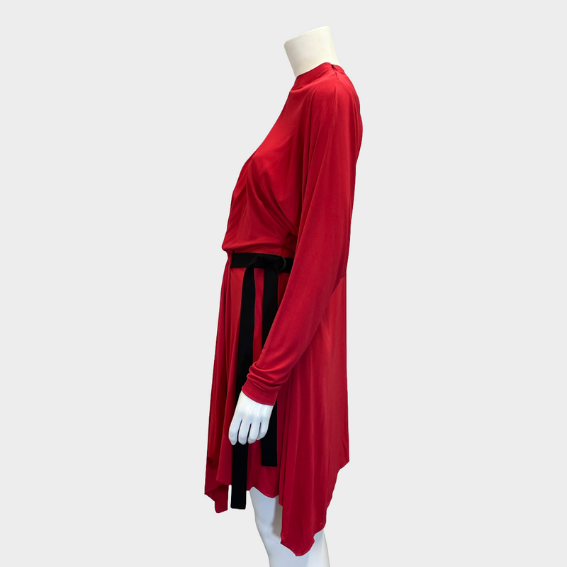 Louis Vuitton women's red viscose ruched belted dress