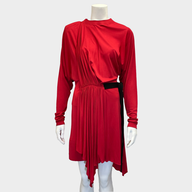 Louis Vuitton women's red viscose ruched belted dress