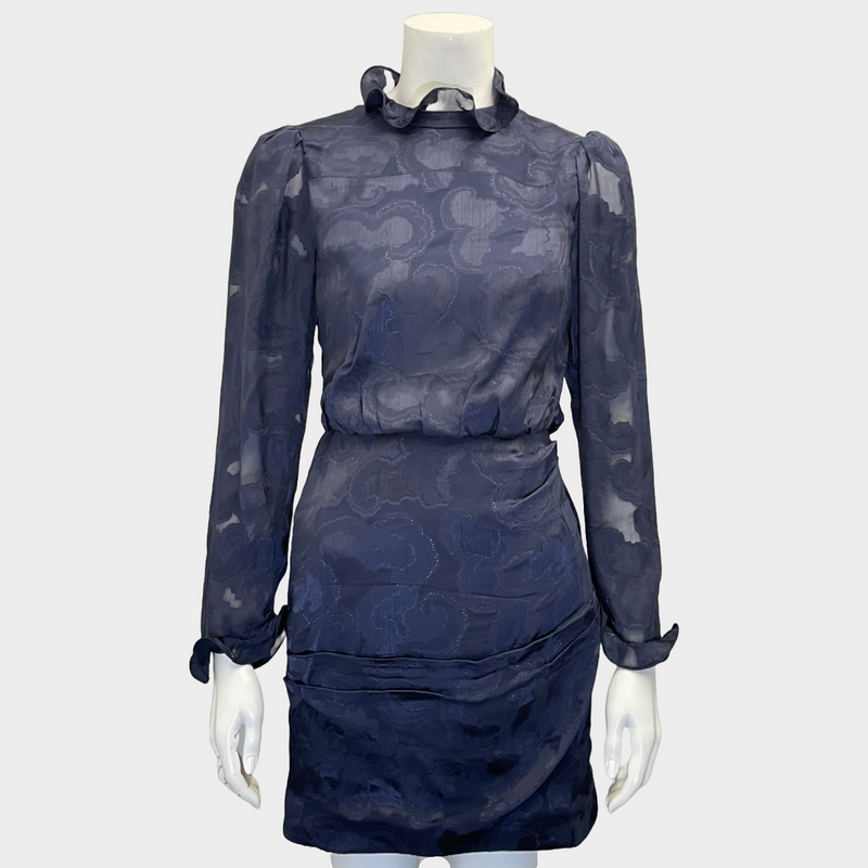 Saloni navy silk long sleeved patterned mini dress