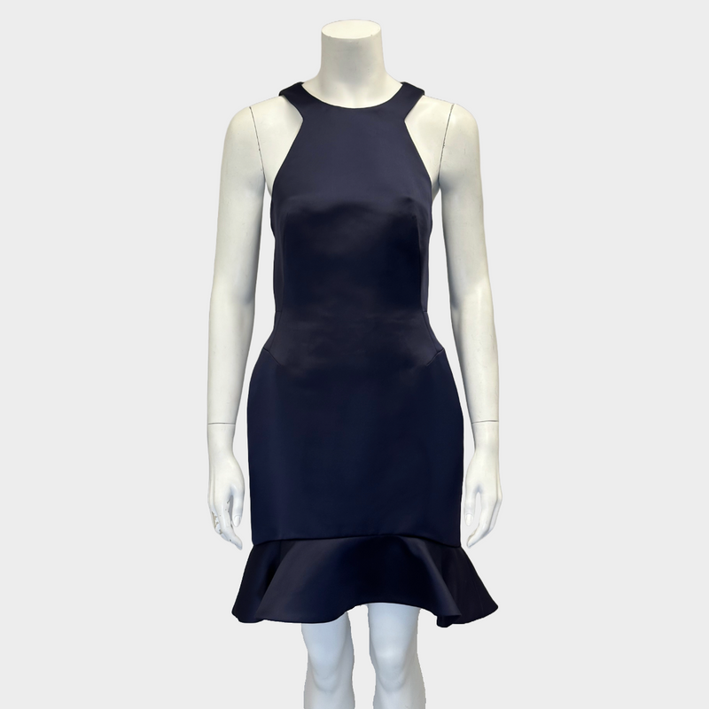 Alexander McQueen navy satin structured sleeveless dress