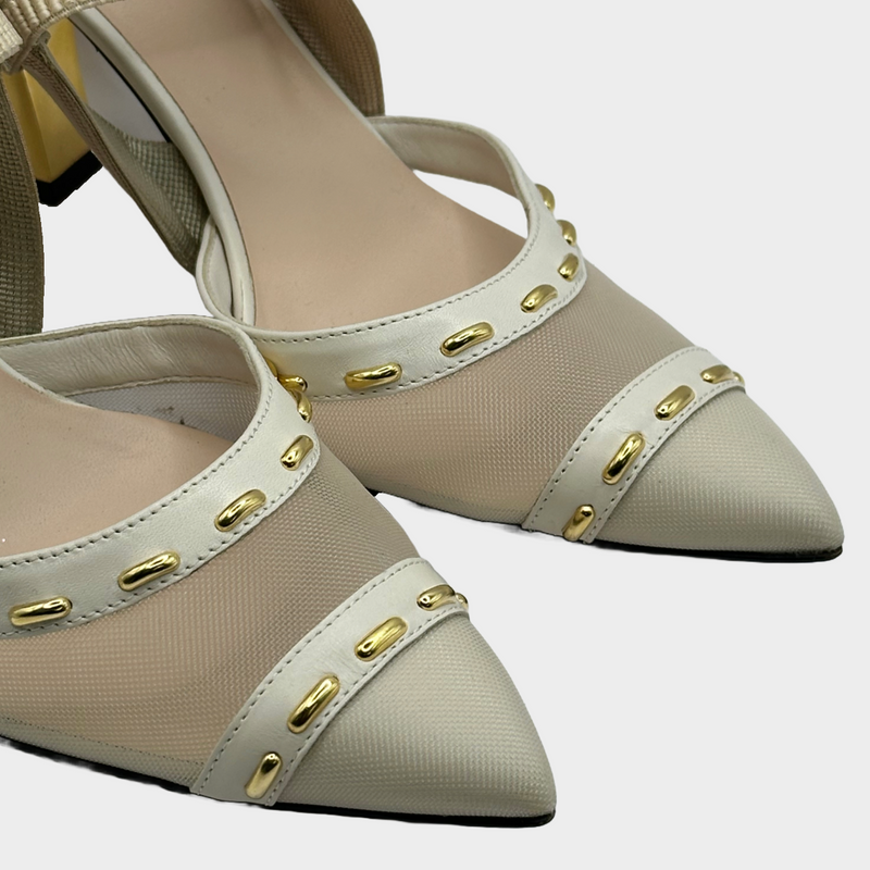 Fendi beige and ecru mesh Colibrì heeled slingback