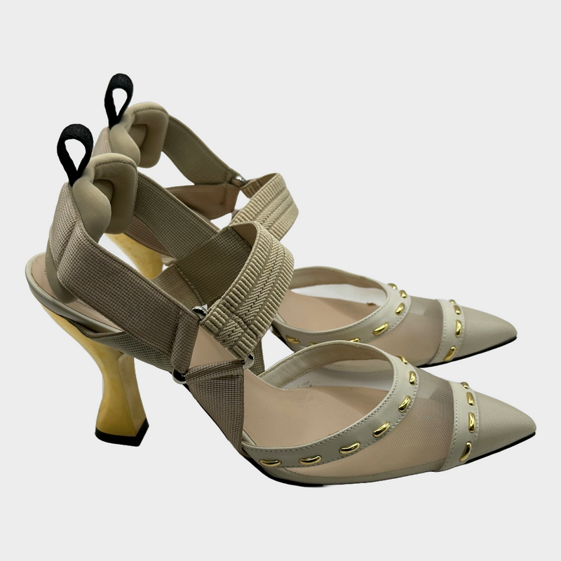 Fendi beige and ecru mesh Colibrì heeled slingback