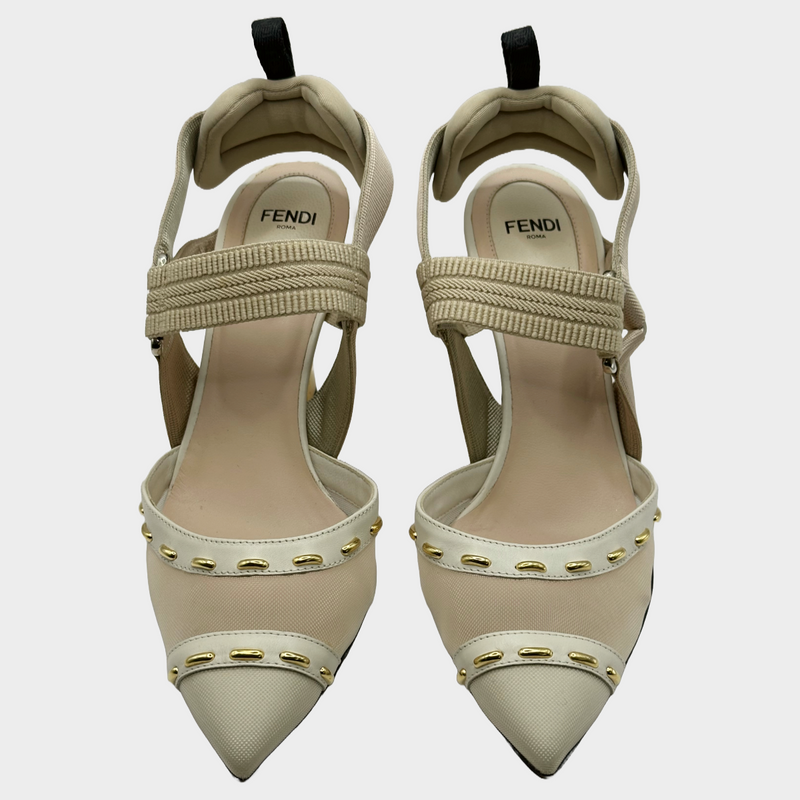 Fendi beige and ecru mesh Colibrì heeled slingback