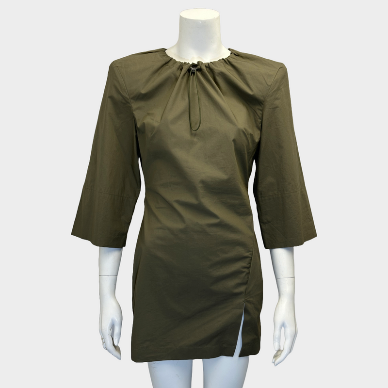 The Attico women's green cotton 3/4 sleeve mini dress with drawstring detail at the neck