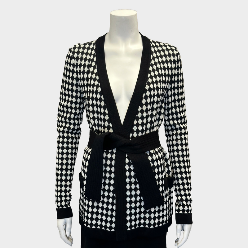 Balmain women’s black and white checked knitted viscose belted cardigan