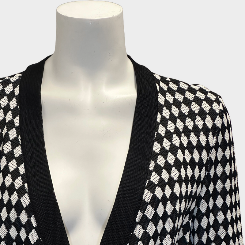 Balmain women’s black and white checked knitted viscose belted cardigan