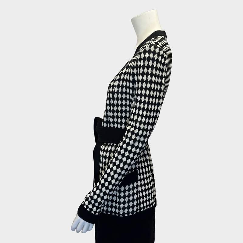 Balmain women’s black and white checked knitted viscose belted cardigan