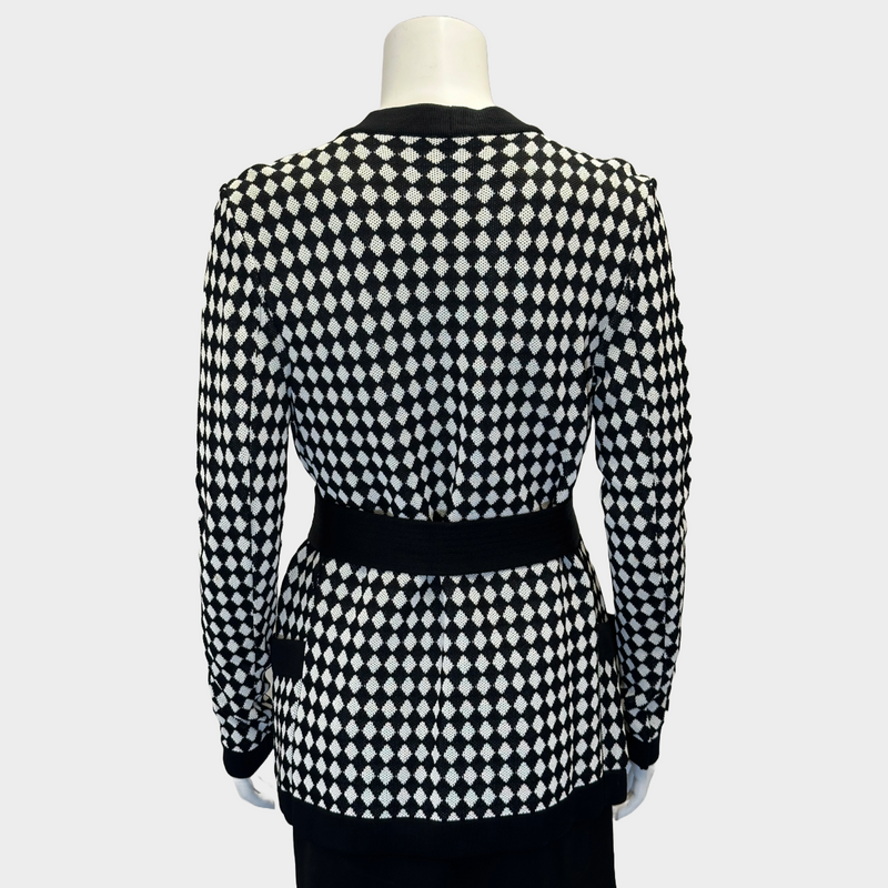 Balmain women’s black and white checked knitted viscose belted cardigan