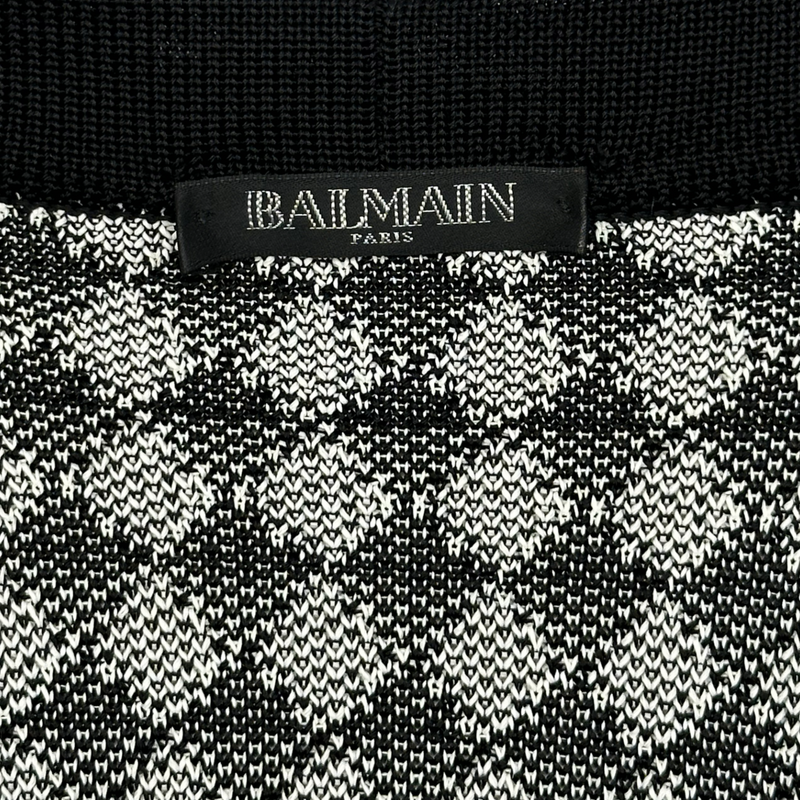 Balmain women’s black and white checked knitted viscose belted cardigan