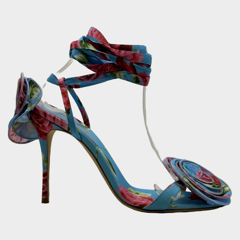 Magda Butrym pink and blue flower print strappy heels with fabric flower trims