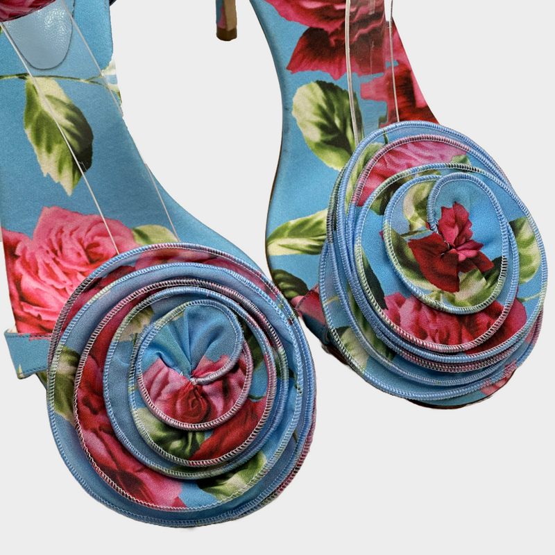 Magda Butrym pink and blue flower print strappy heels with fabric flower trims