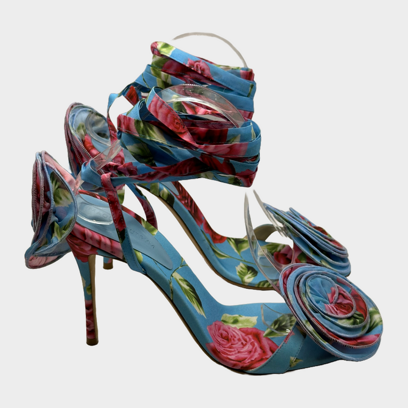 Magda Butrym pink and blue flower print strappy heels with fabric flower trims