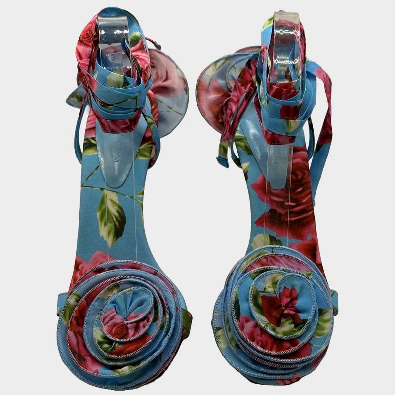 Magda Butrym pink and blue flower print strappy heels with fabric flower trims