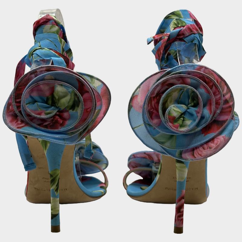 Magda Butrym pink and blue flower print strappy heels with fabric flower trims