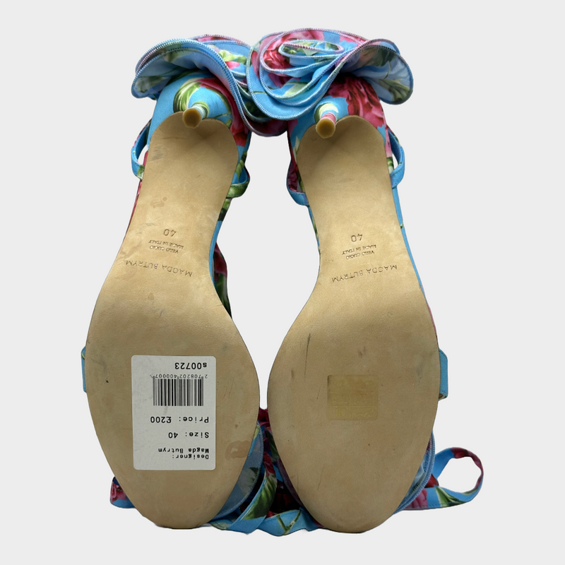 Magda Butrym pink and blue flower print strappy heels with fabric flower trims