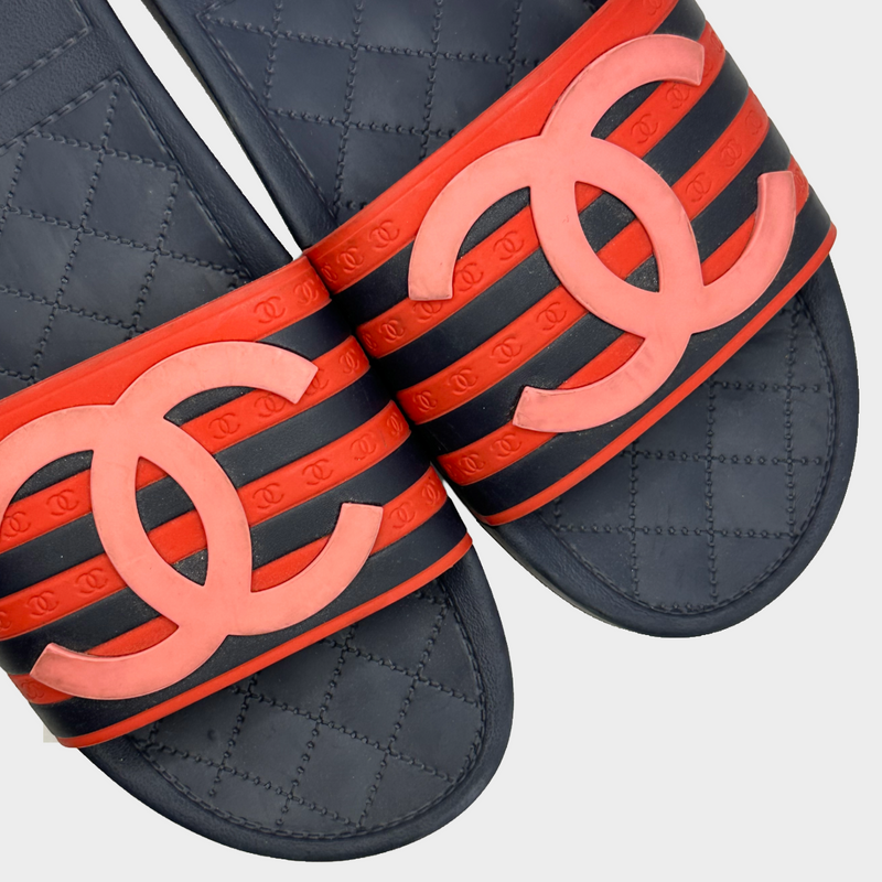 Chanel women's navy and red striped rubber flip flop