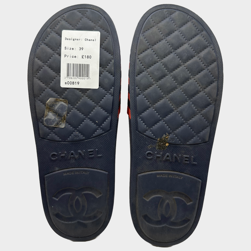 Chanel women's navy and red striped rubber flip flop