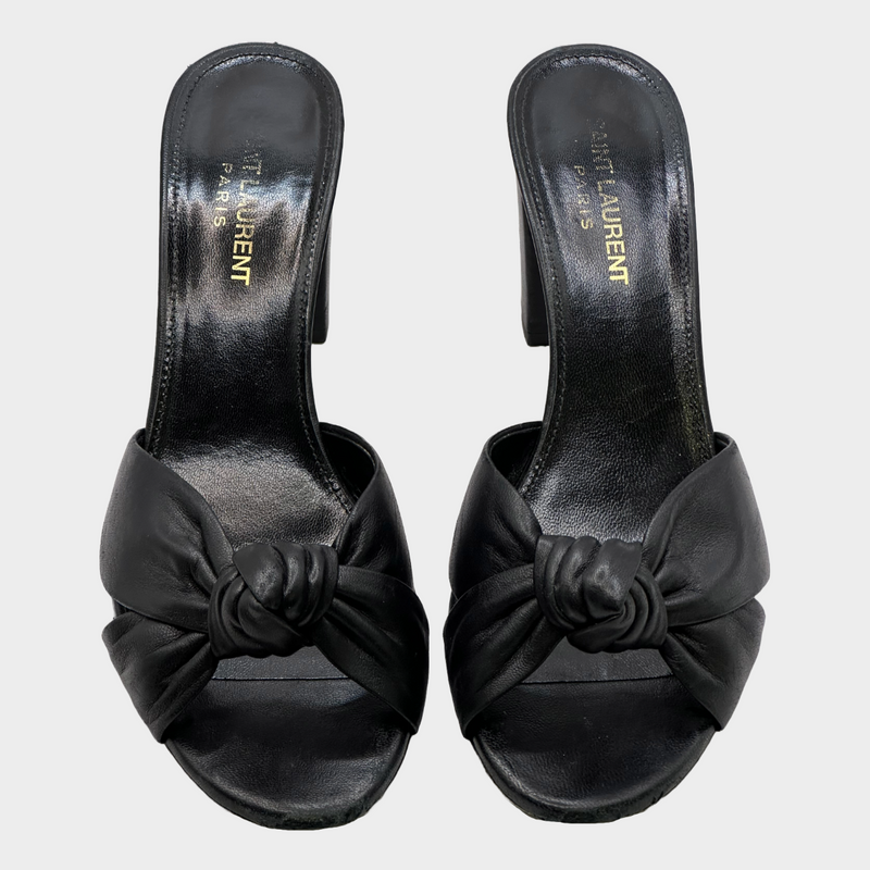 Saint Laurent black leather heeled mules with knot detail