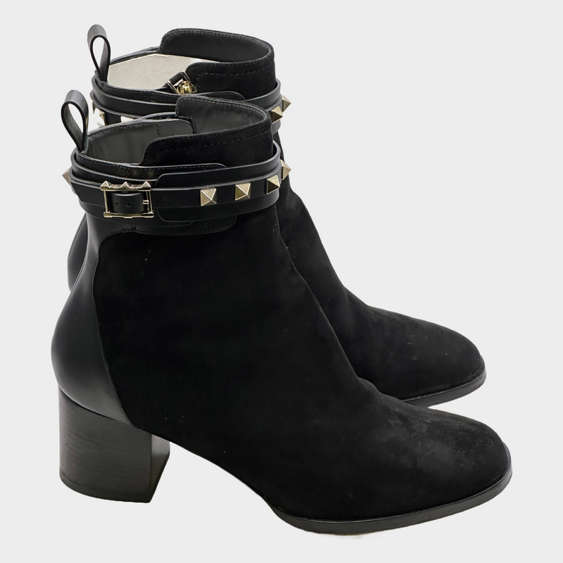 Valentino black leather and suede ankle boots with studded strap