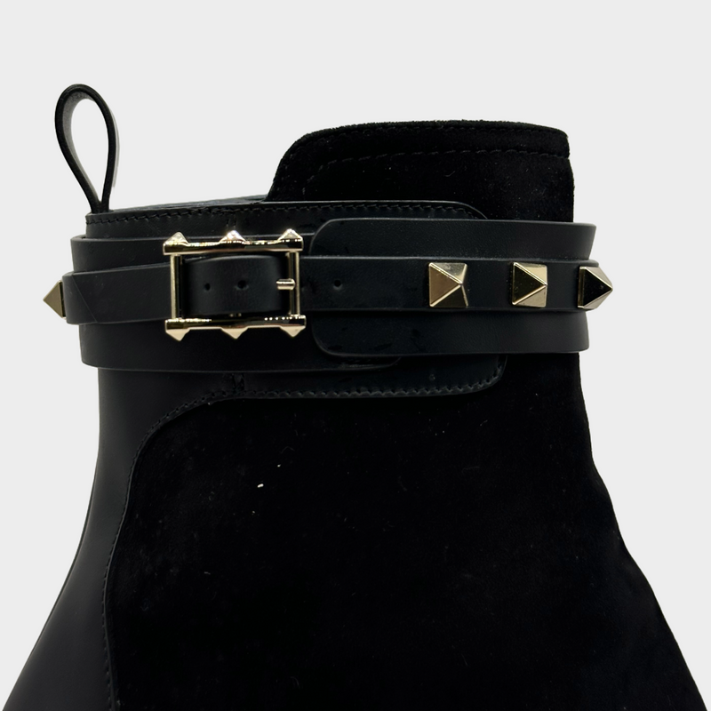 Valentino black leather and suede ankle boots with studded strap