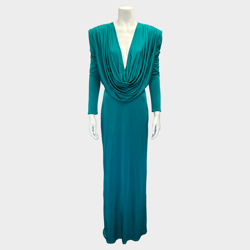 Magda Butrym women's green viscose draped maxi dress with shoulder pads