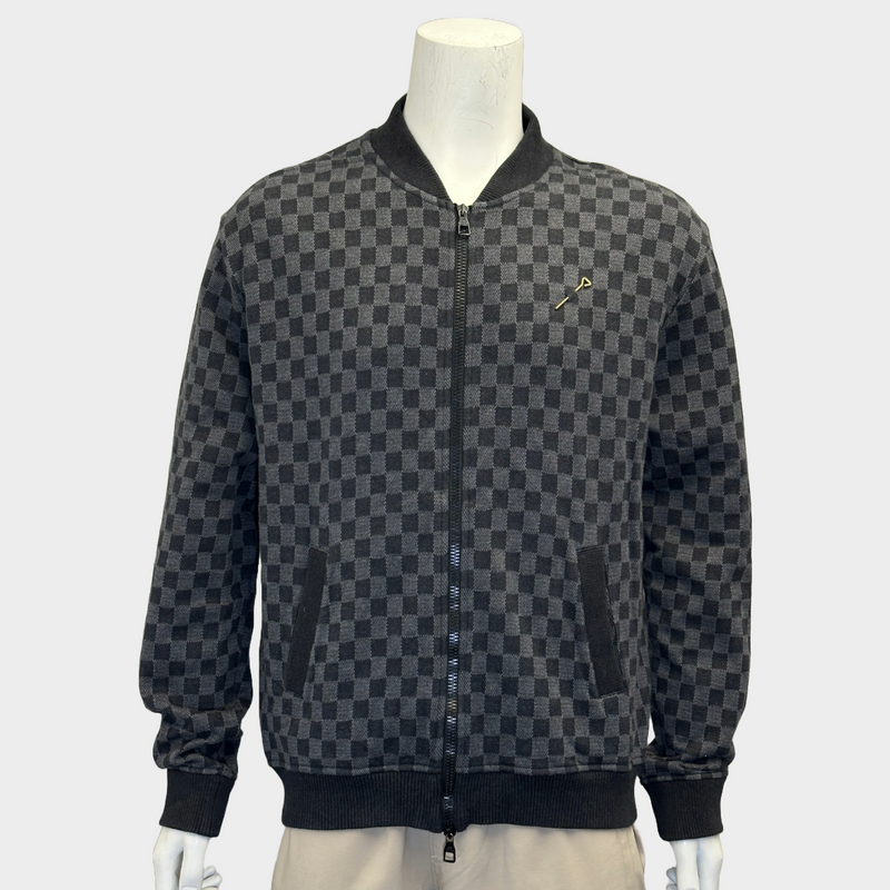 Louis Vuitton men's black and grey checkered cotton jacquard Damier zip through bomber jacket