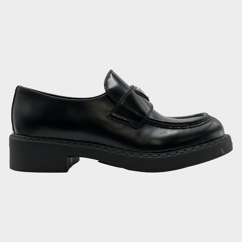 Prada women's black leather logo platform loafers