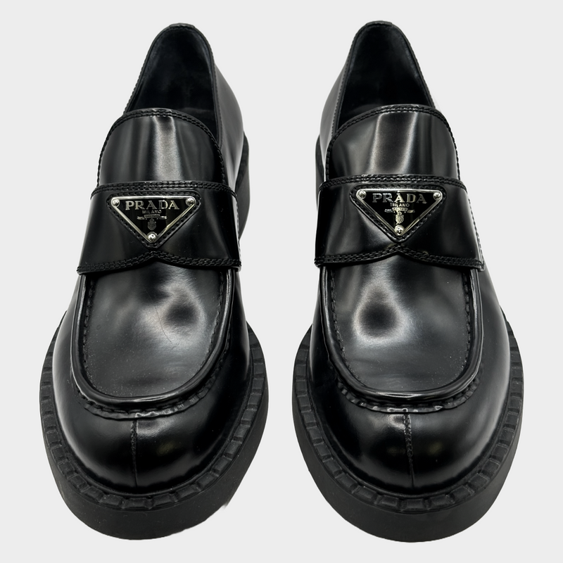 Prada women's black leather logo platform loafers