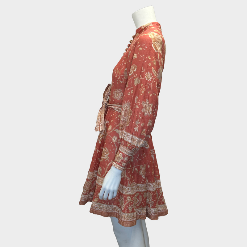 Zimmerman red and beige flower print linen long sleeved buttoned dress