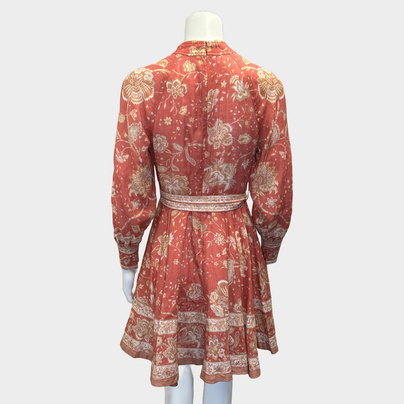 Zimmerman red and beige flower print linen long sleeved buttoned dress