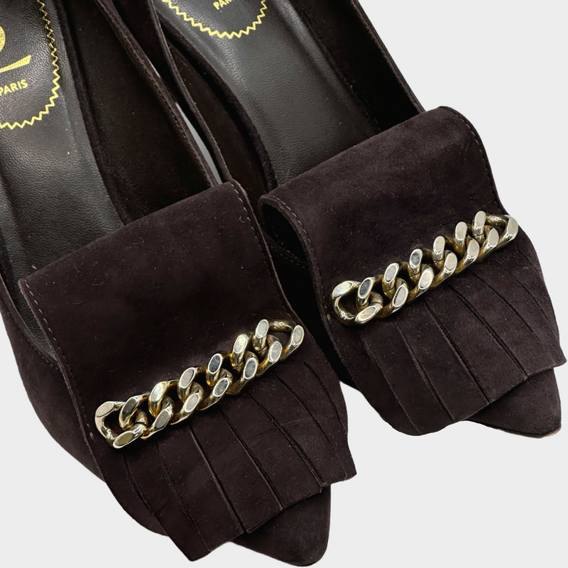 Saint Laurent brown suede fringe pumps with gold tone chain detail