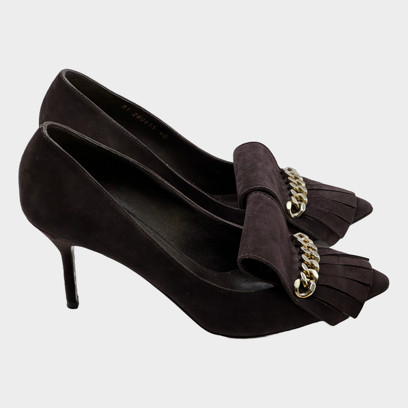 Saint Laurent brown suede fringe pumps with gold tone chain detail