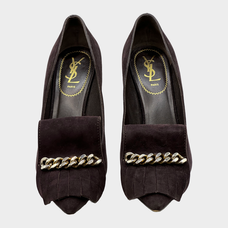 Saint Laurent brown suede fringe pumps with gold tone chain detail