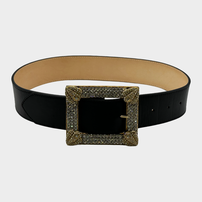 Alessandra Rich women's black leather belt with square crystal buckle