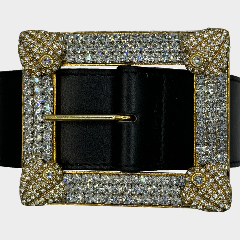 Alessandra Rich women's black leather belt with square crystal buckle