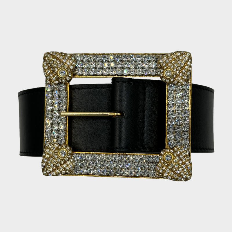 Alessandra Rich women's black leather belt with square crystal buckle