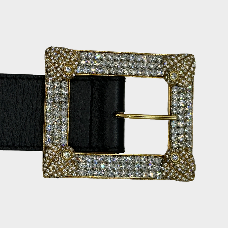 Alessandra Rich women's black leather belt with square crystal buckle