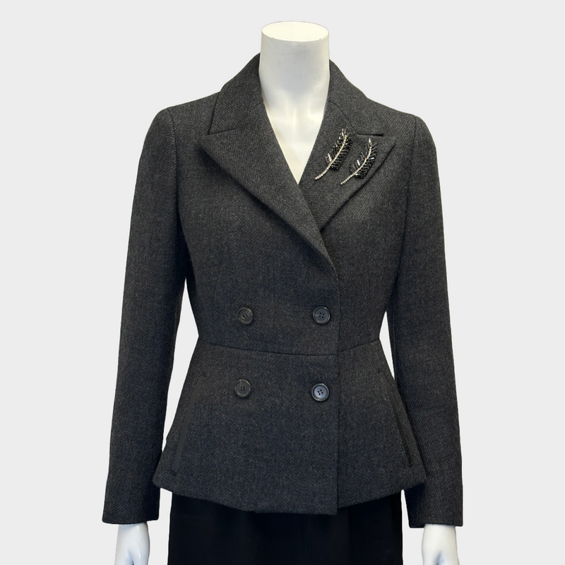 Prada women's grey wool jacket with crystal feather appliques