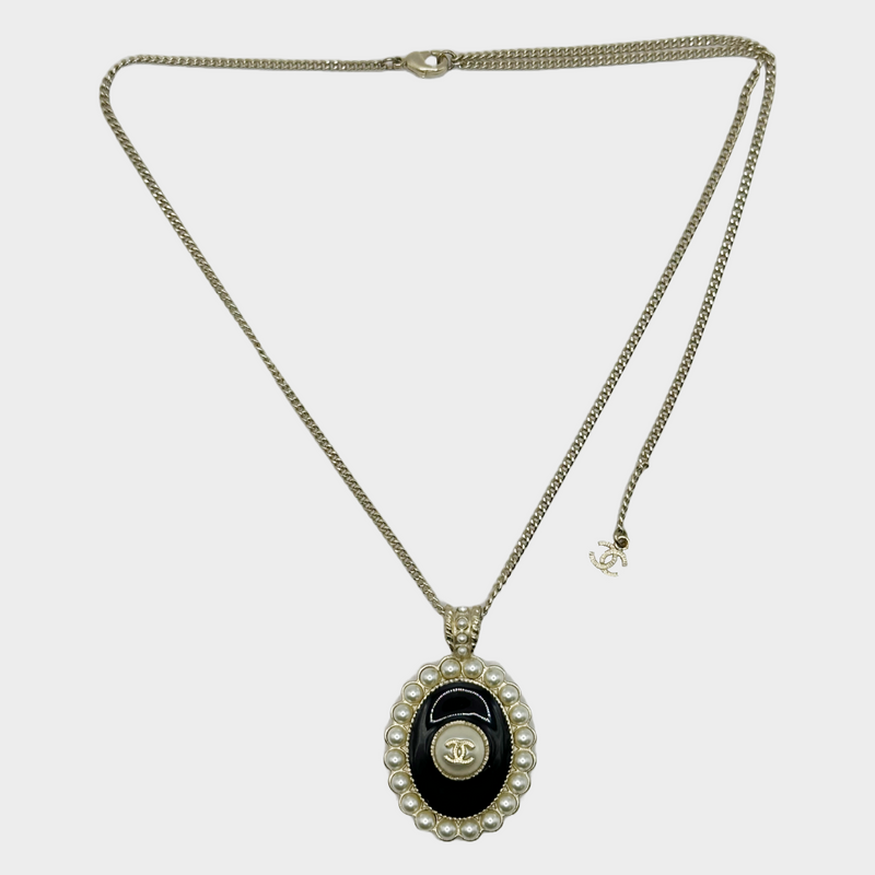 Chanel women's black and gold metal and faux pearls CC pendant necklace