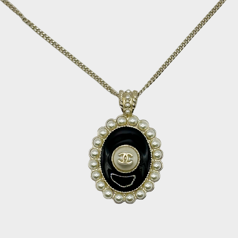 Chanel women's black and gold metal and faux pearls CC pendant necklace