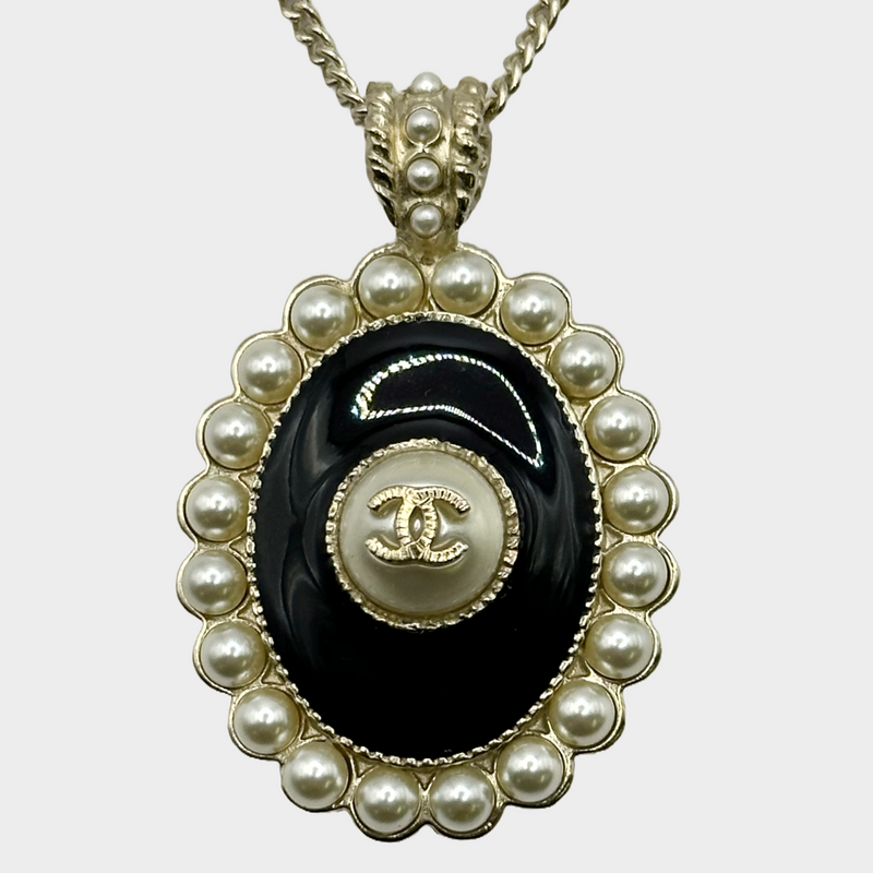 Chanel women's black and gold metal and faux pearls CC pendant necklace