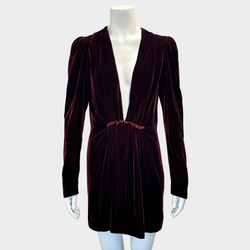 Saint Laurent burgundy velvet long sleeved dress with drapes at the front