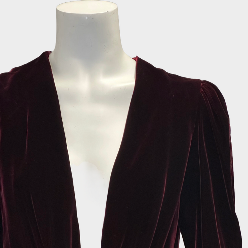 Saint Laurent burgundy velvet long sleeved dress with drapes at the front