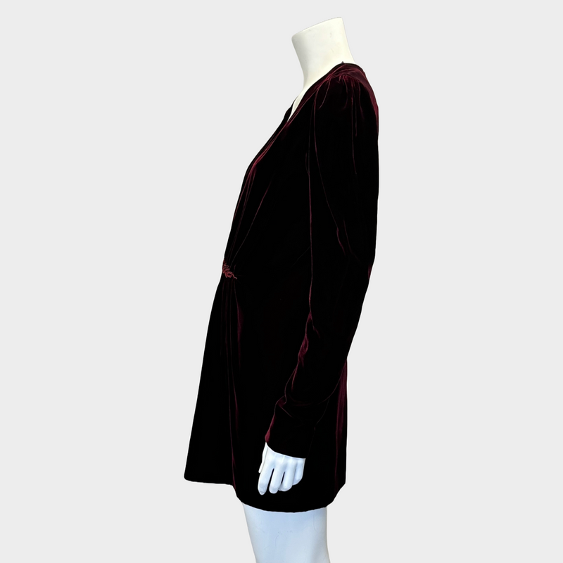 Saint Laurent burgundy velvet long sleeved dress with drapes at the front