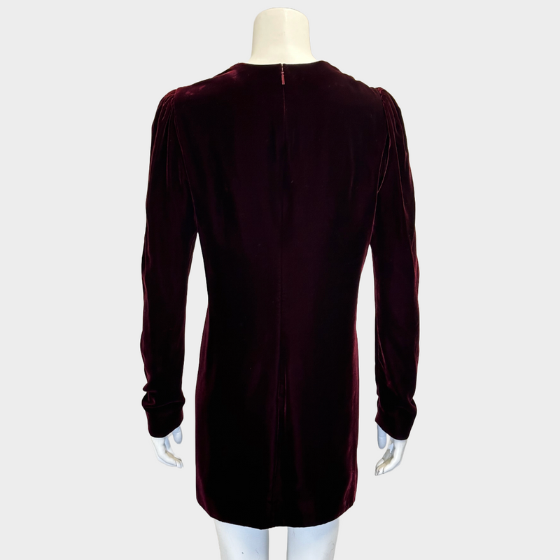 Saint Laurent burgundy velvet long sleeved dress with drapes at the front