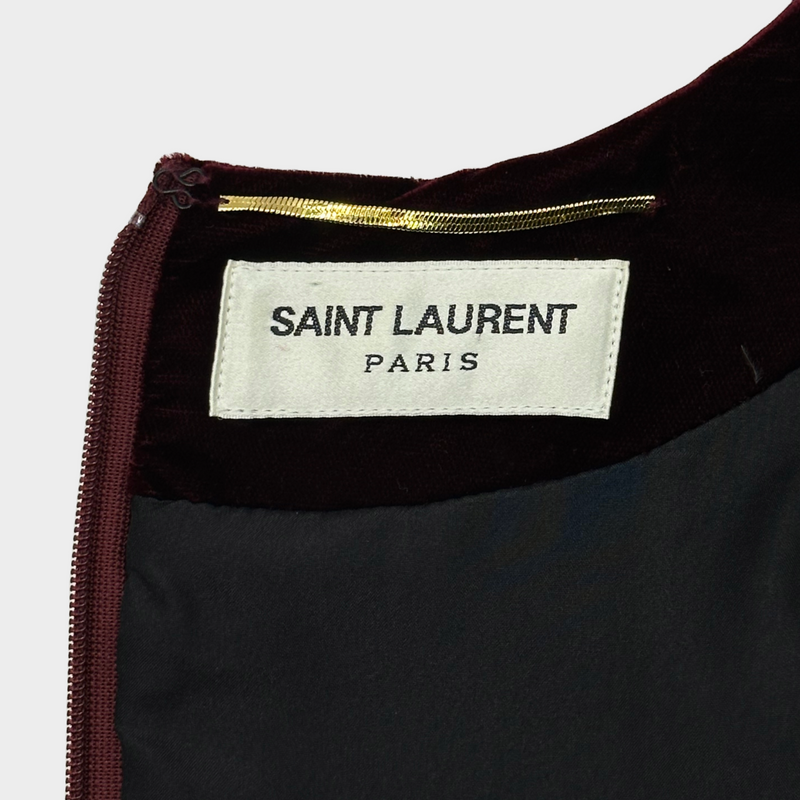 Saint Laurent burgundy velvet long sleeved dress with drapes at the front