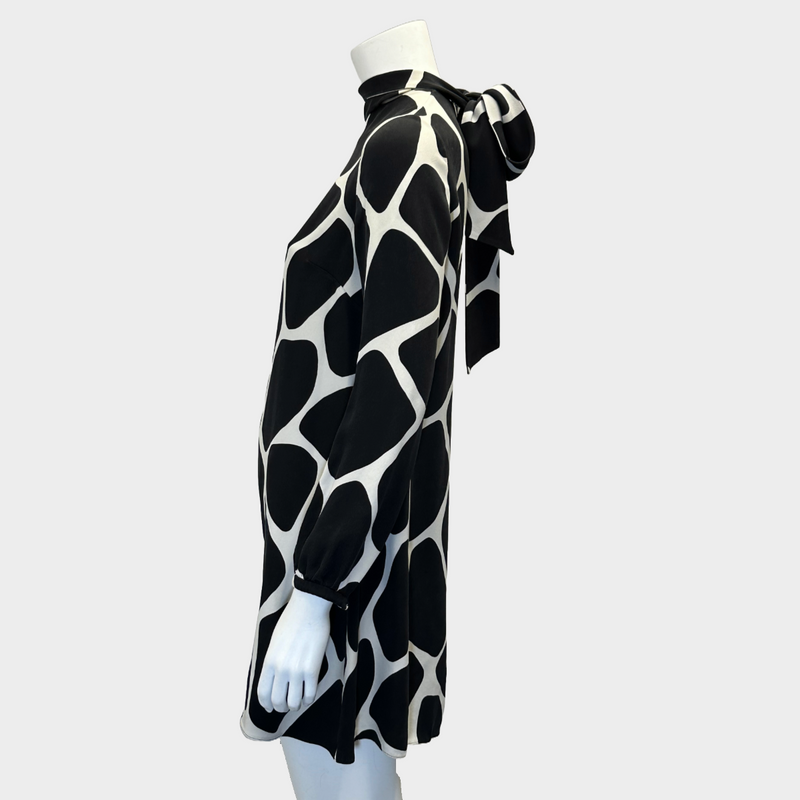 Valentino black and white cow print silk long sleeved dress