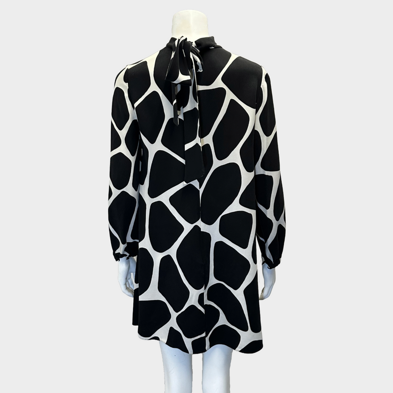 Valentino black and white cow print silk long sleeved dress