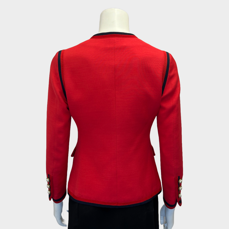 Gucci red silk blend faux pearl buttoned jacket